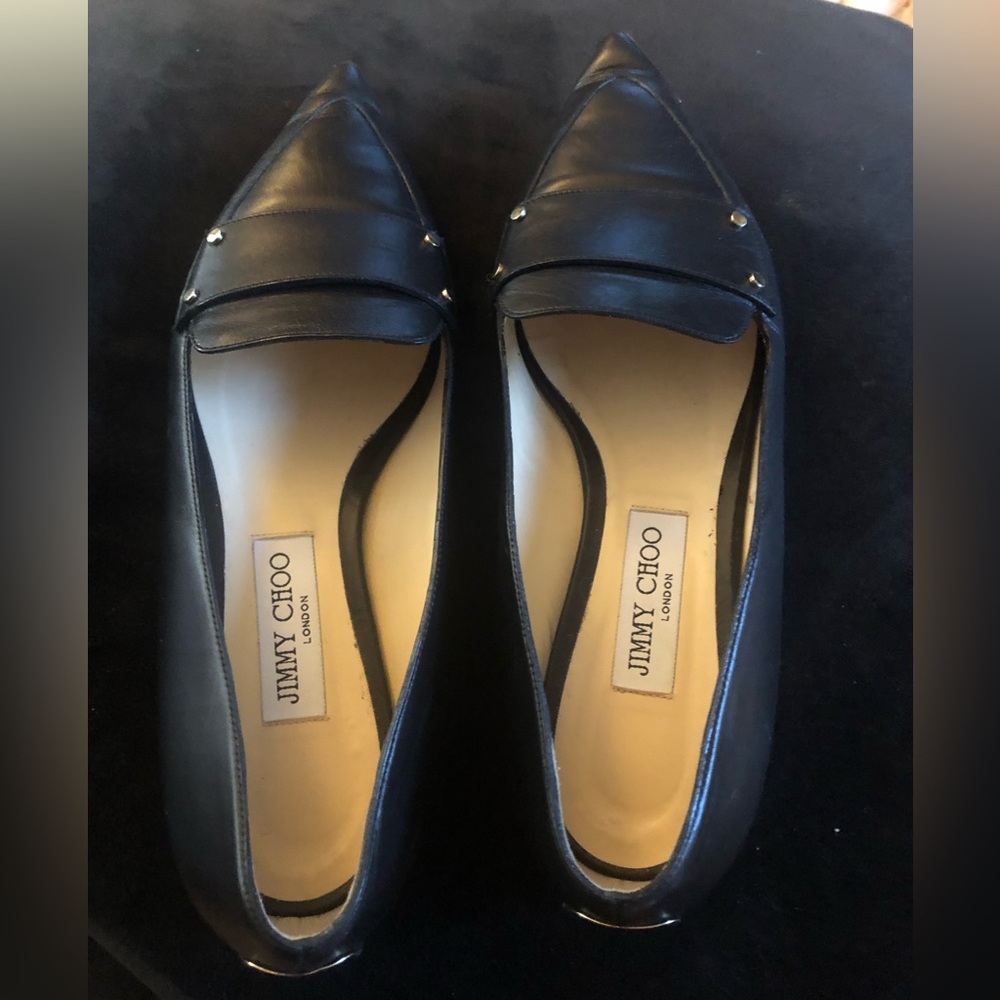 NWOT gorgeous Jimmy Choo black leather flats with gold logo on heel 10/40.5